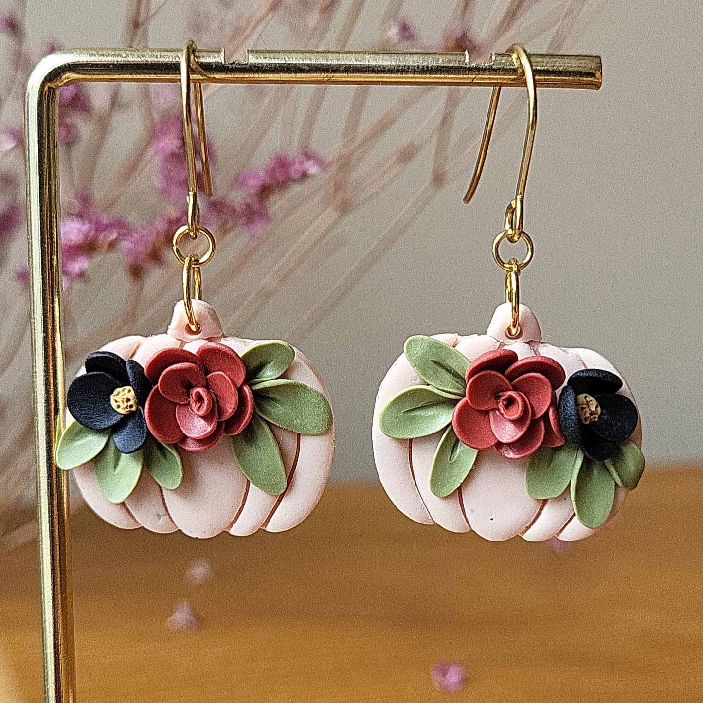 Autumn fall pumpkin flower polymer clay earrings
