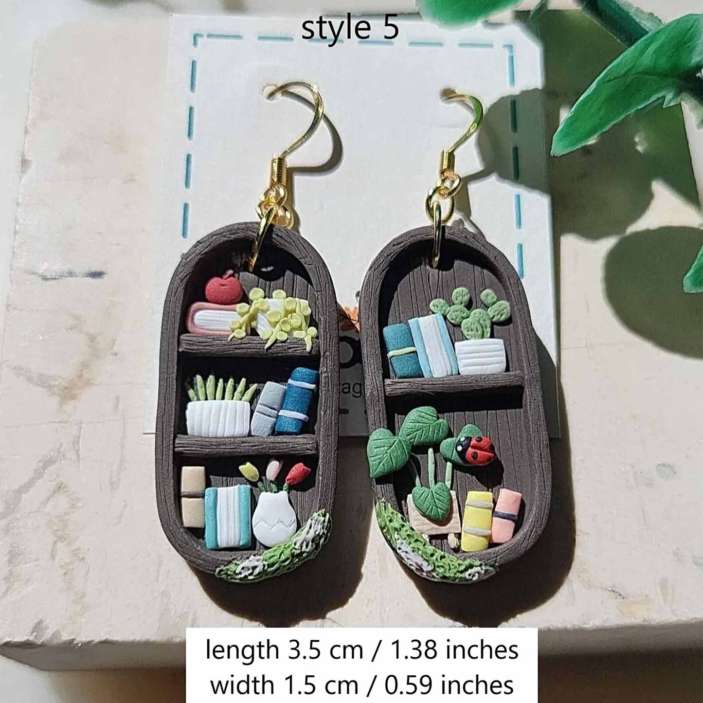 Cottagecore plant shelf earrings with books