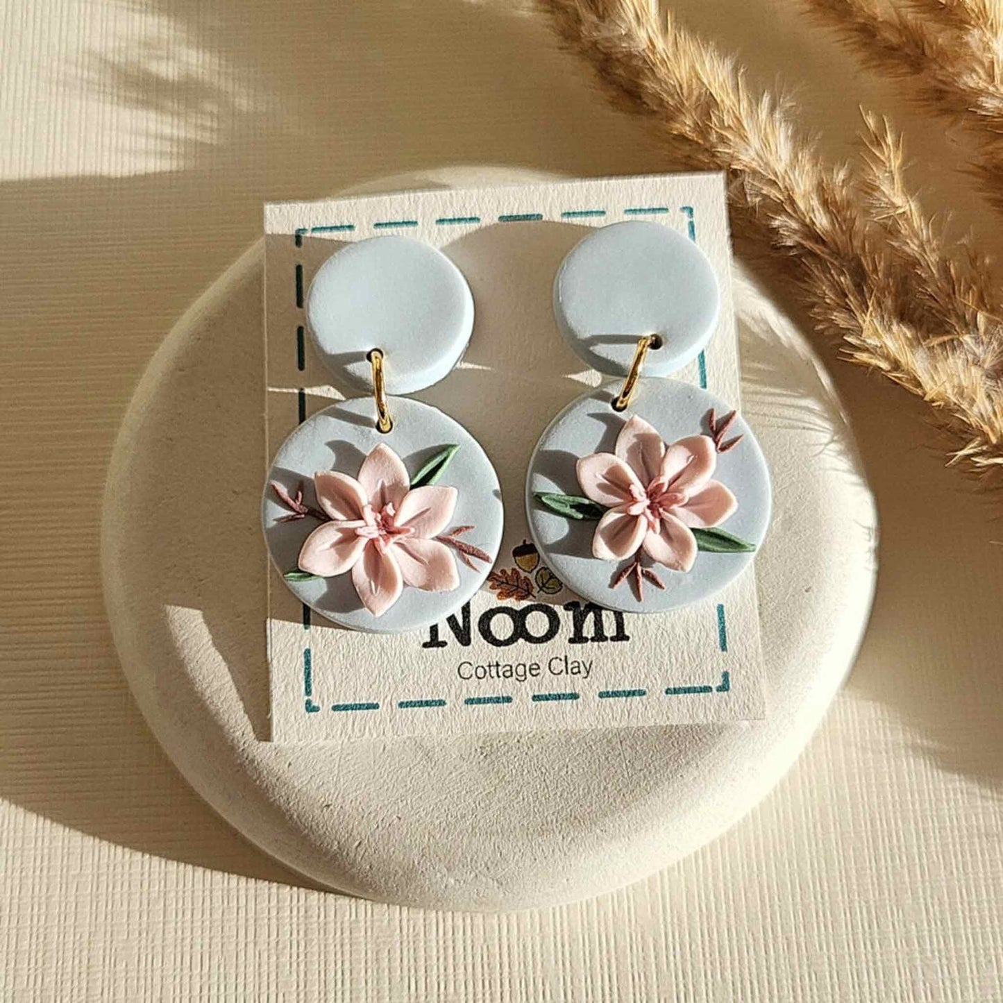 Pink flower clay earrings