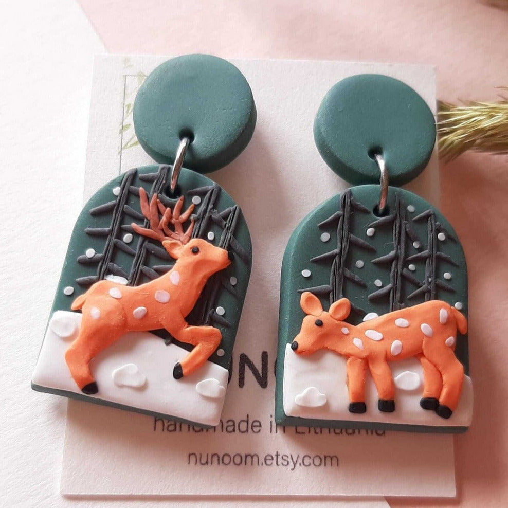Cute deer in winter polymer clay earrings