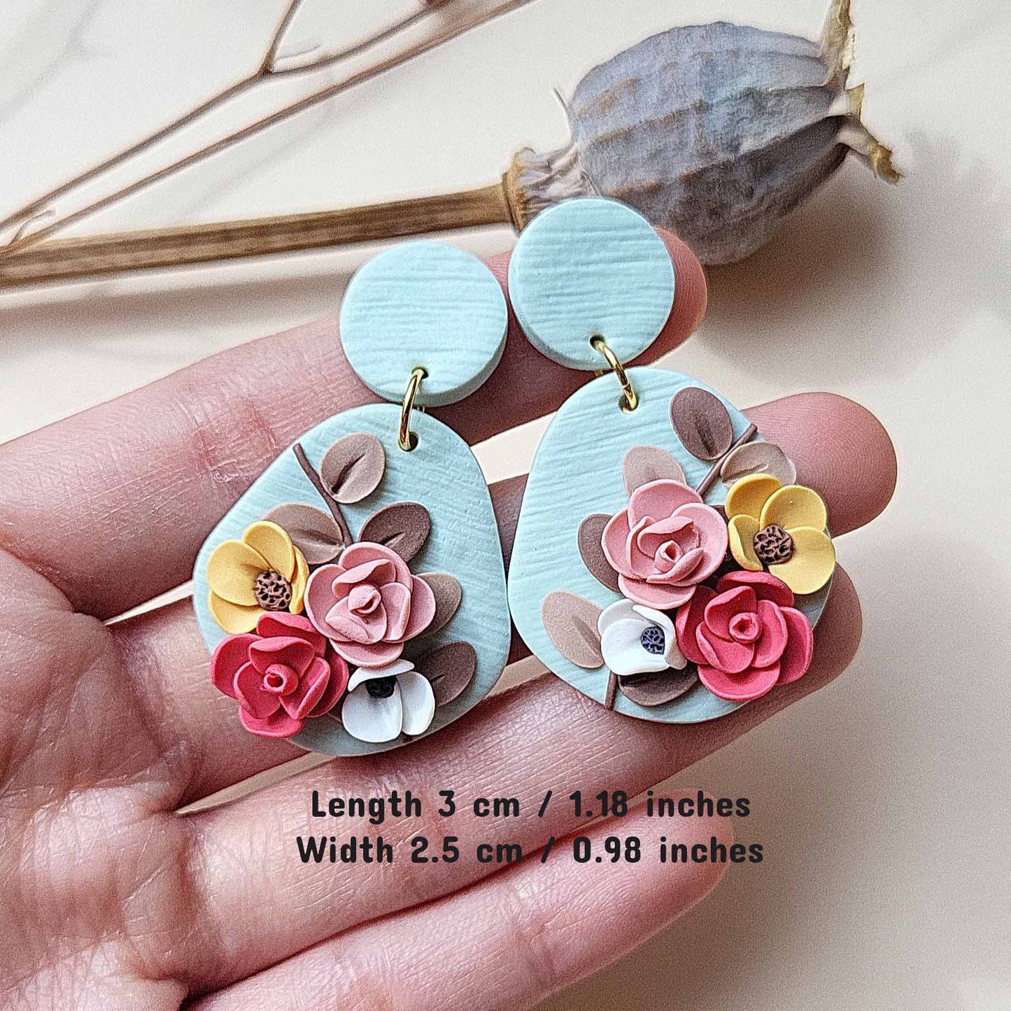 Drop floral clay earrings handmade