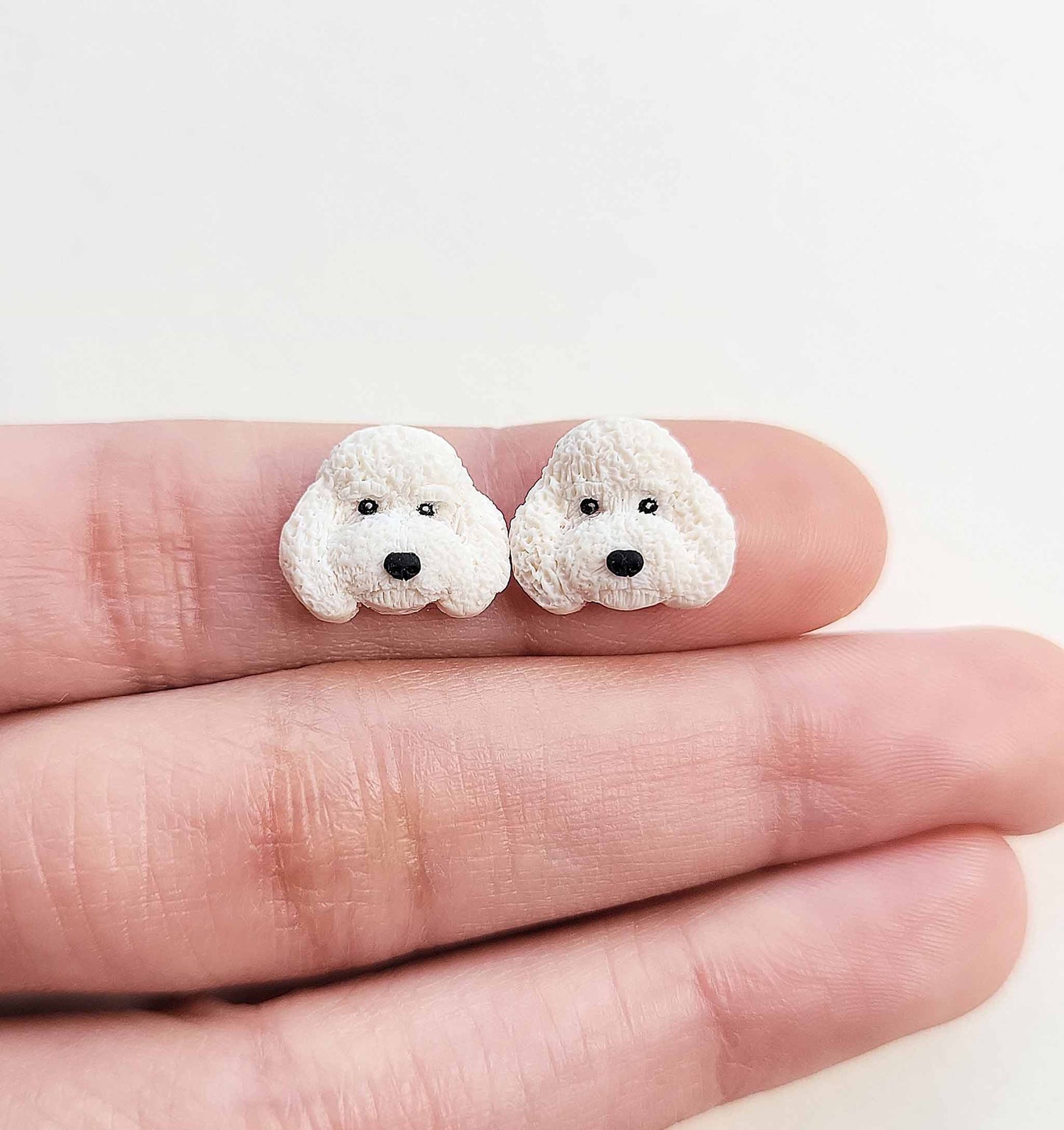 White Toy Poodle stud earrings, handmade gifts for Poodle lovers.