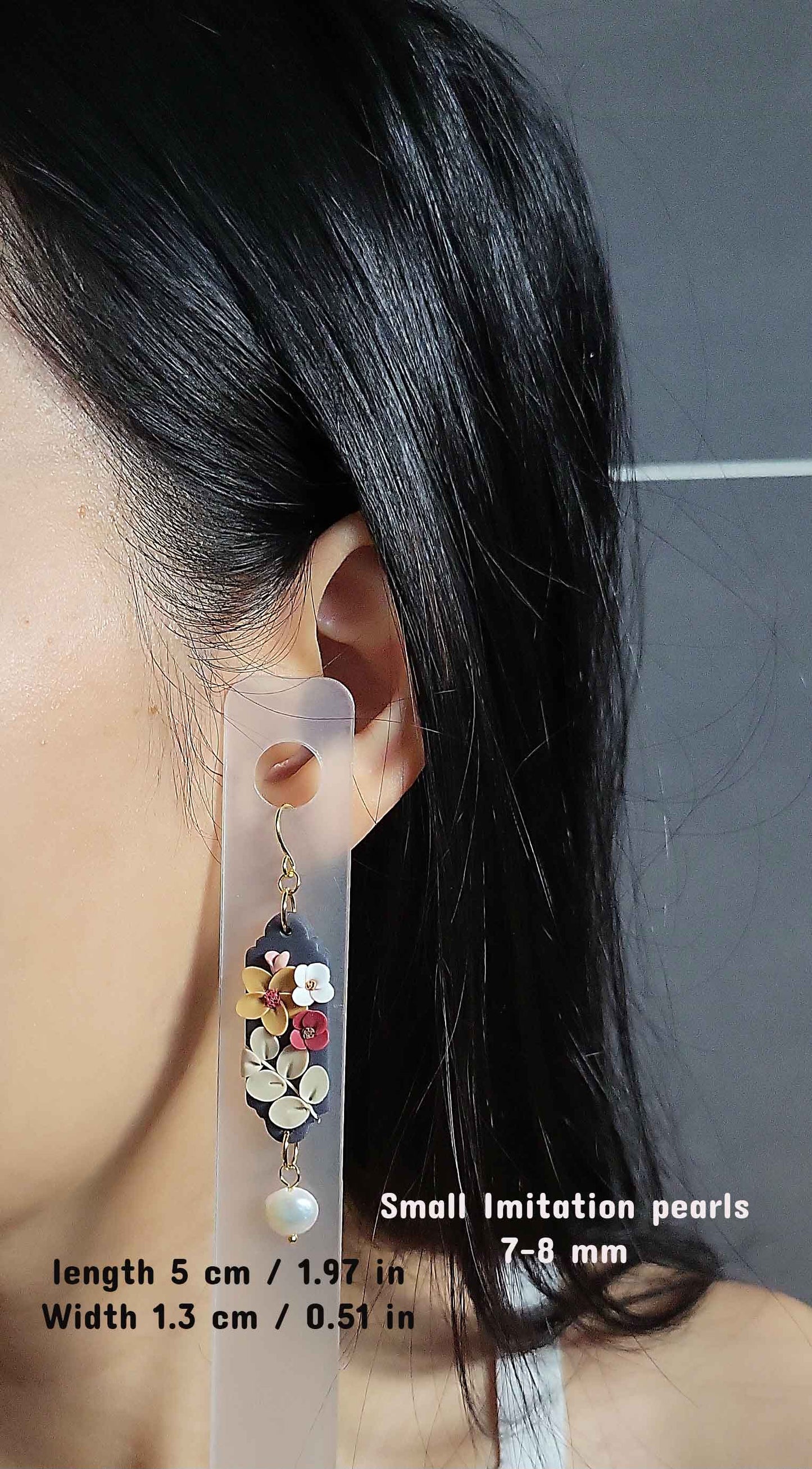 Dainty flower polymer clay earrings with small white pearls