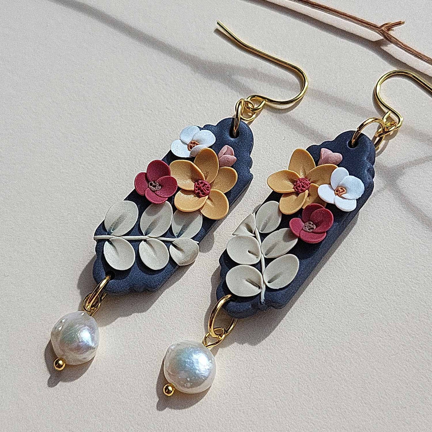 Dainty drop floral clay earrings with white pearls