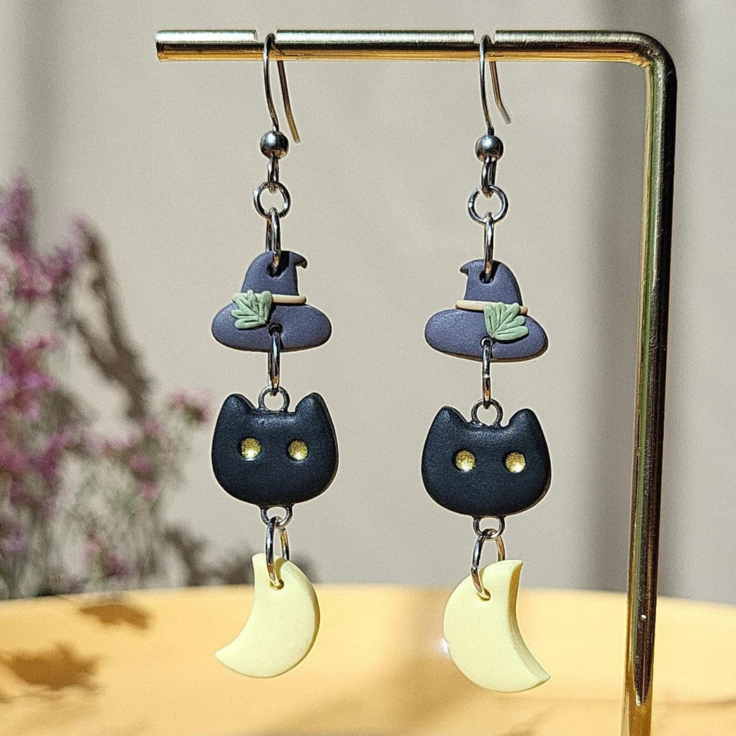 Cute Halloween black cat earrings dangle
