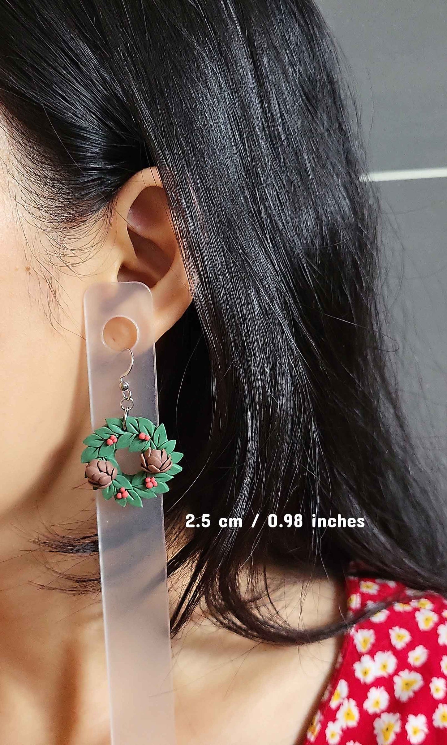 Dangle drop Christmas wreath pinecone polymer clay earrings