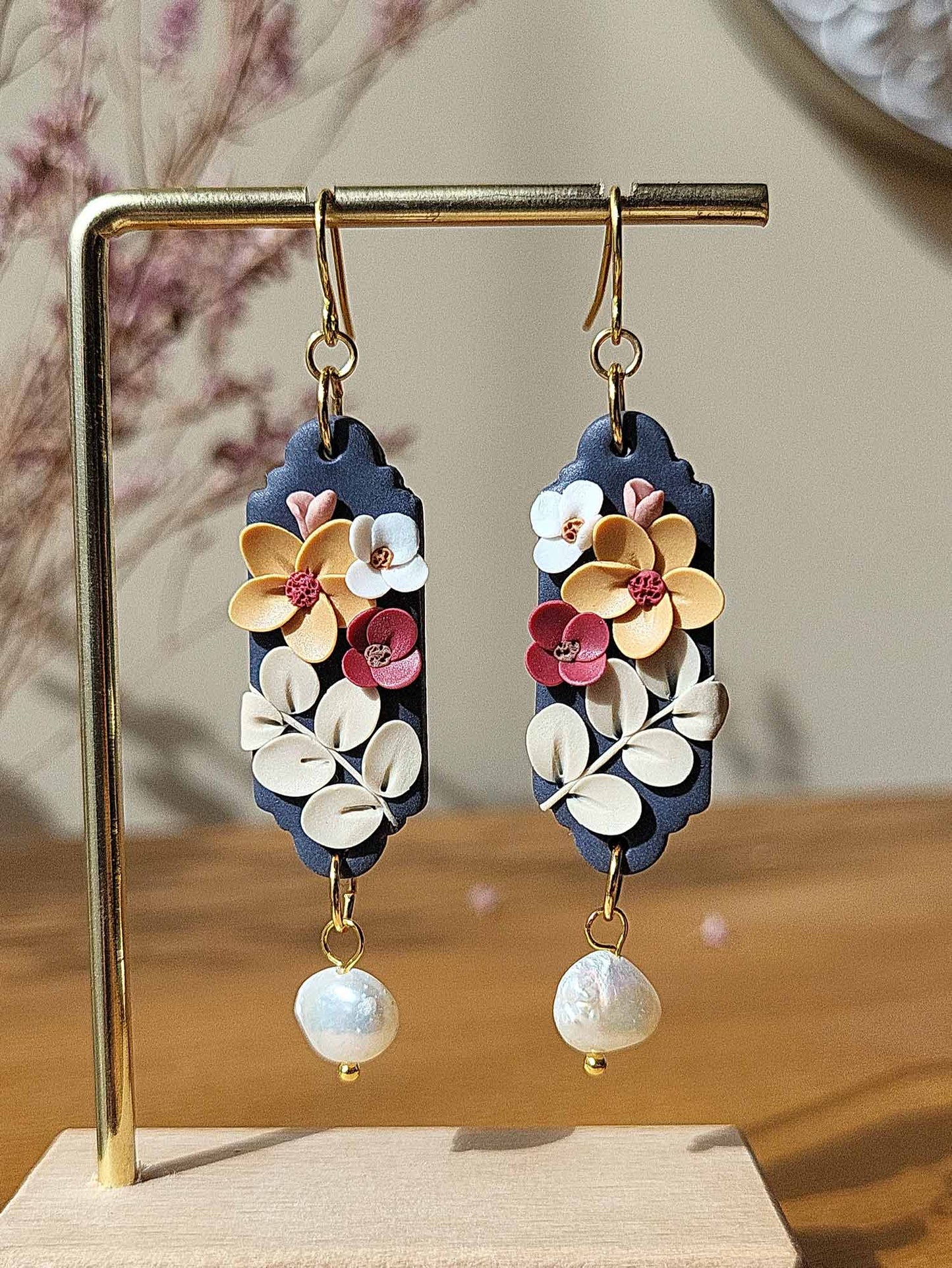 Dangle drop flower polymer clay earrings with white pearls