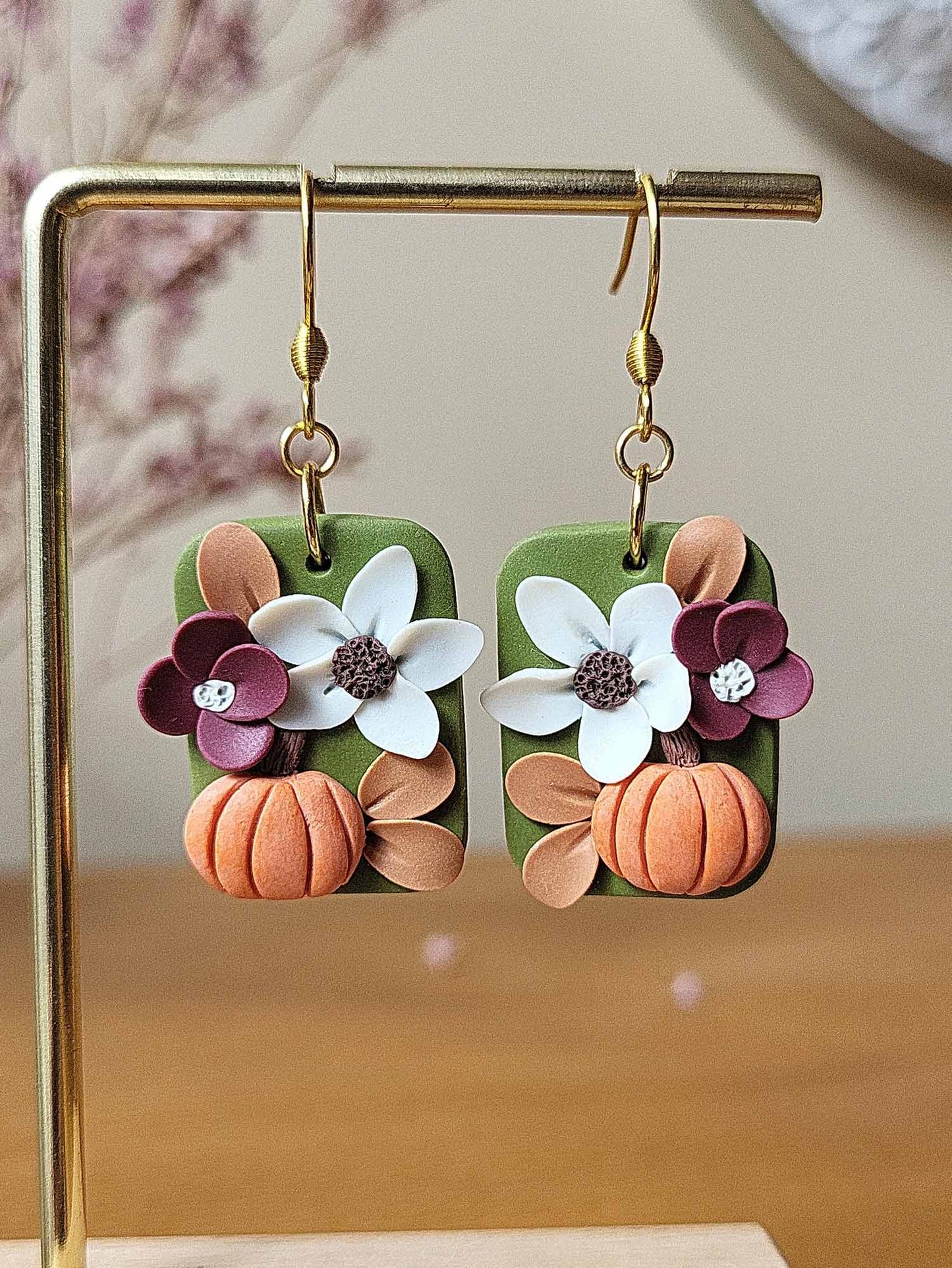 Autumn pumpkin flower polymer clay earrings