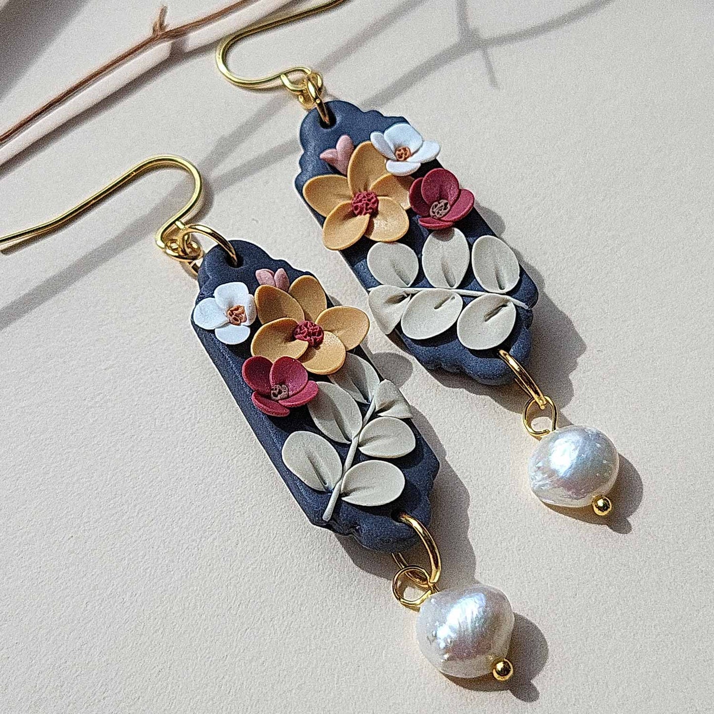 Floral drop earrings handmade polymer clay