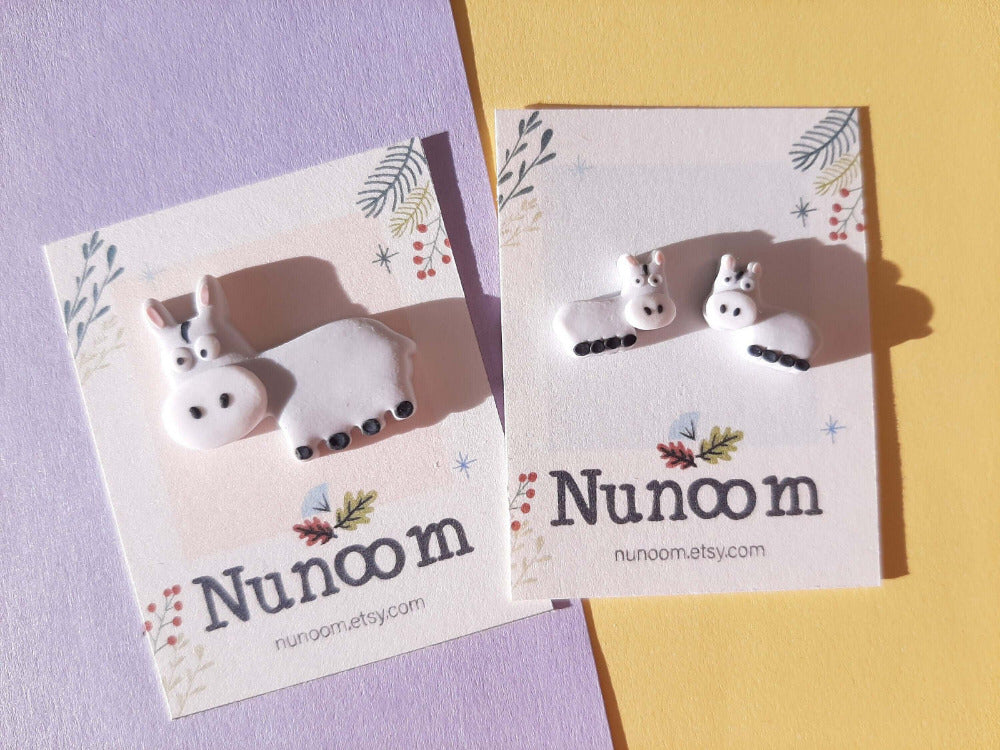 Cute donkey stud earrings & brooch