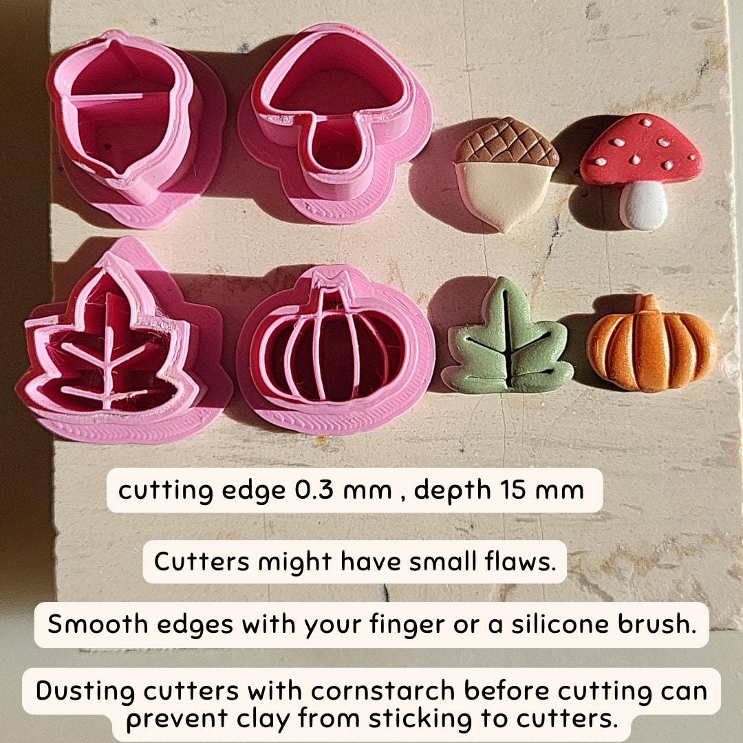 Autumn Polymer Clay Cutter Set β’ Cute Halloween Embossed Fall Stud Pack Cookie Cutter β’ Mushroom β’ Pumpkin β’ Maple Leaf β’ Acorn β’ 1/2 inches