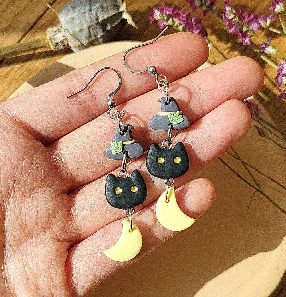 Boucles d'oreilles pendantes chat noir Halloween • Bijoux sorcière effrayants
