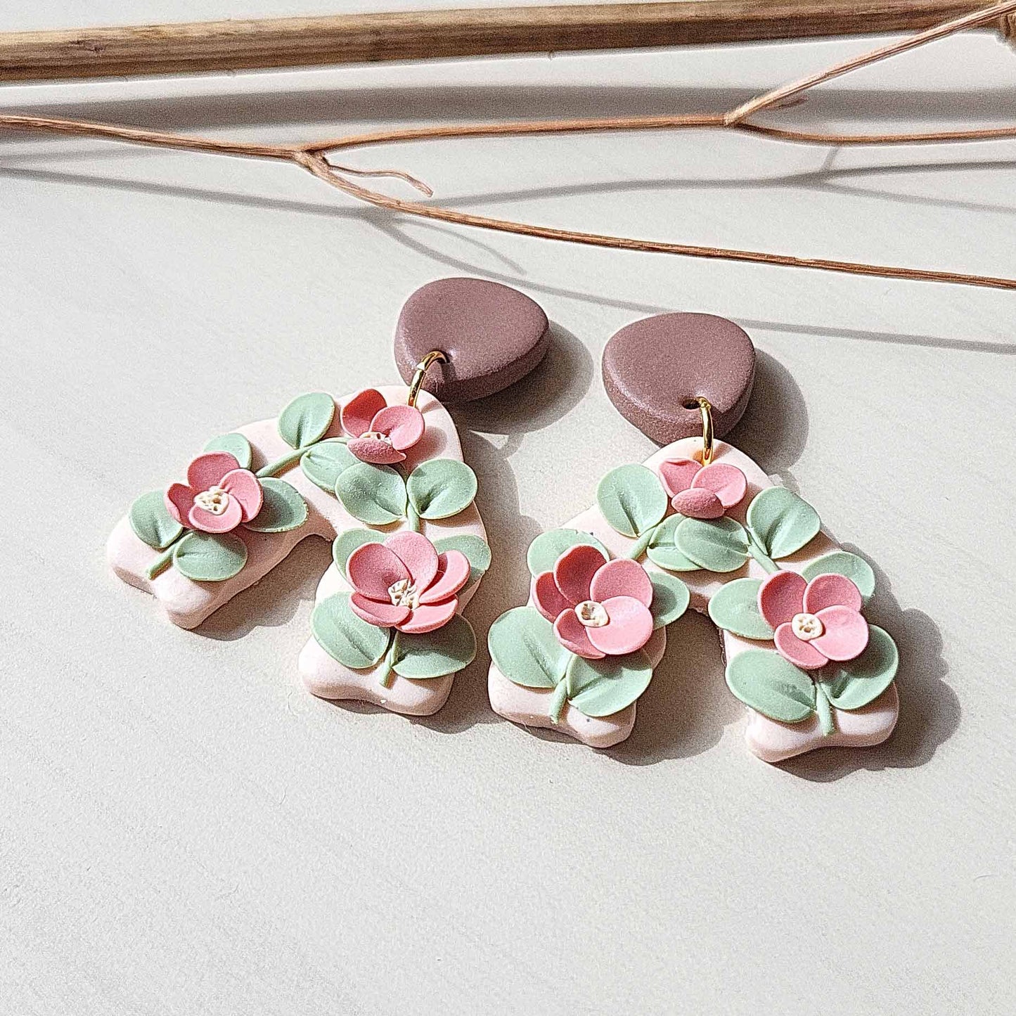 Pink floral clay earrings handmade