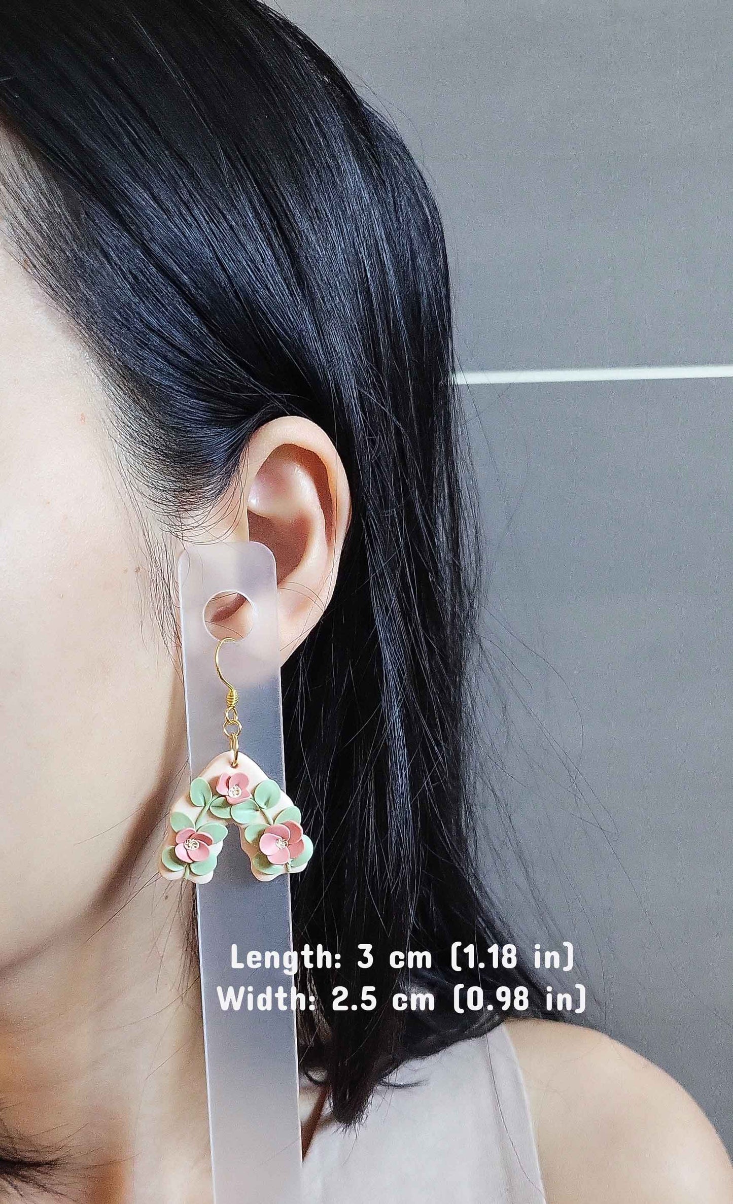 Drop pink floral clay earrings handmade