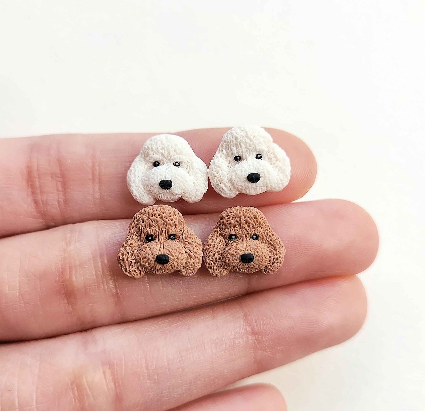 Cute Toy Poodle stud earrings in brown, white, black, gray colors.