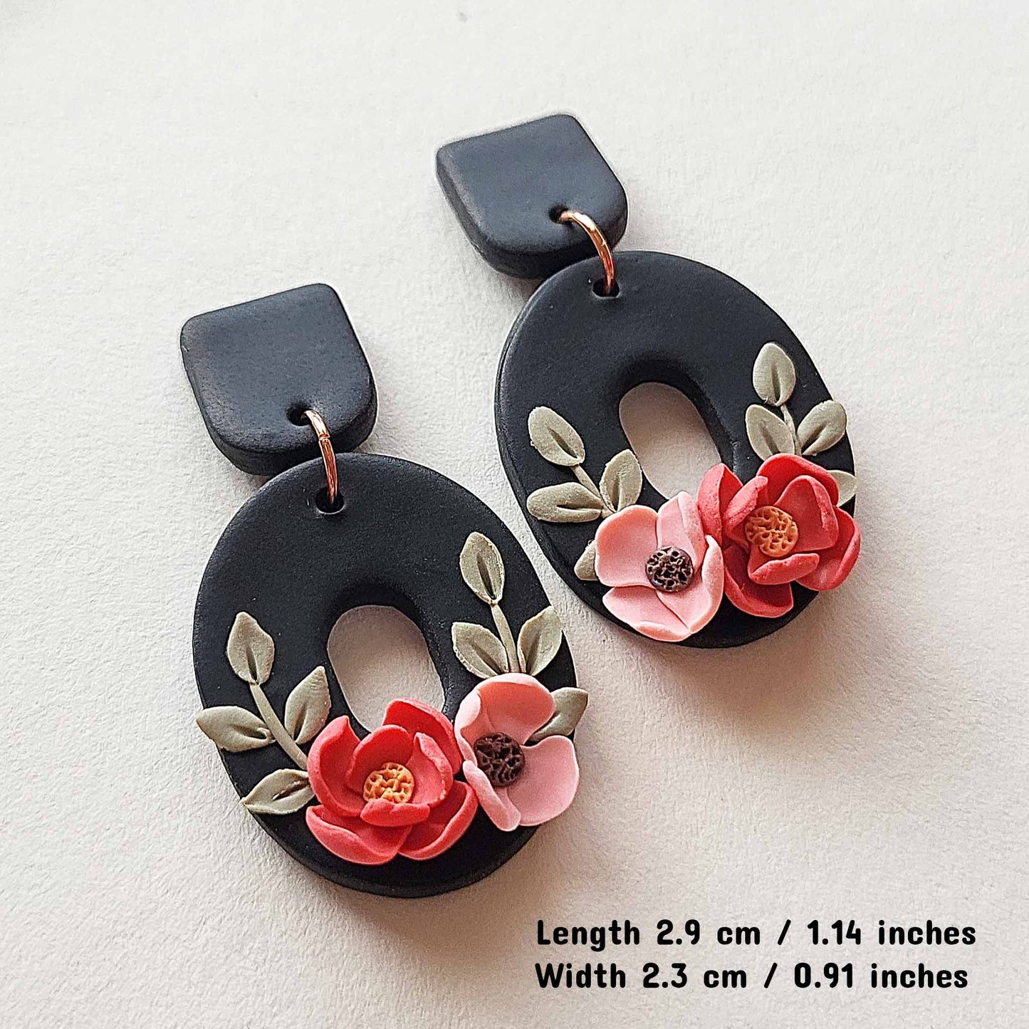 Red flower earrings clay