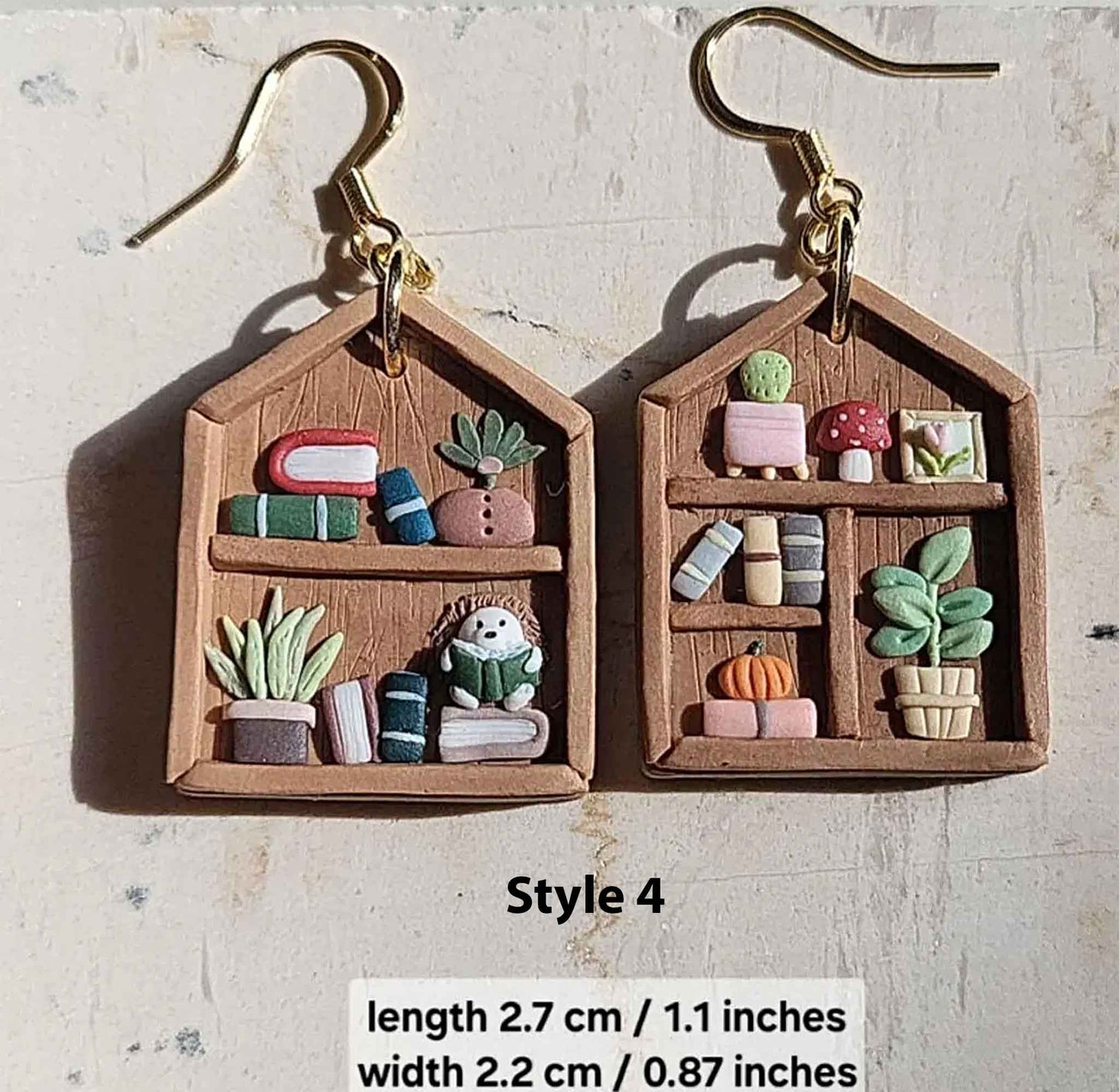 Wooden bookshelf clay earrings