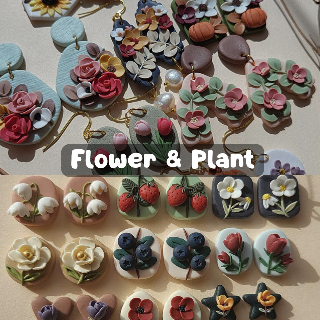 Handmade polymer clay flower earrings with delicate botanical plant and flower designs in soft pastel colors