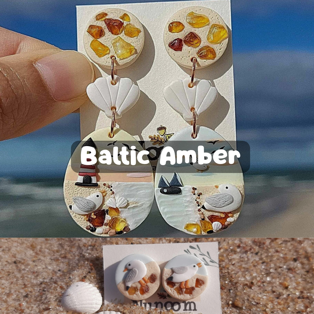 Dangle beach polymer clay earrings with amber stone pieces 