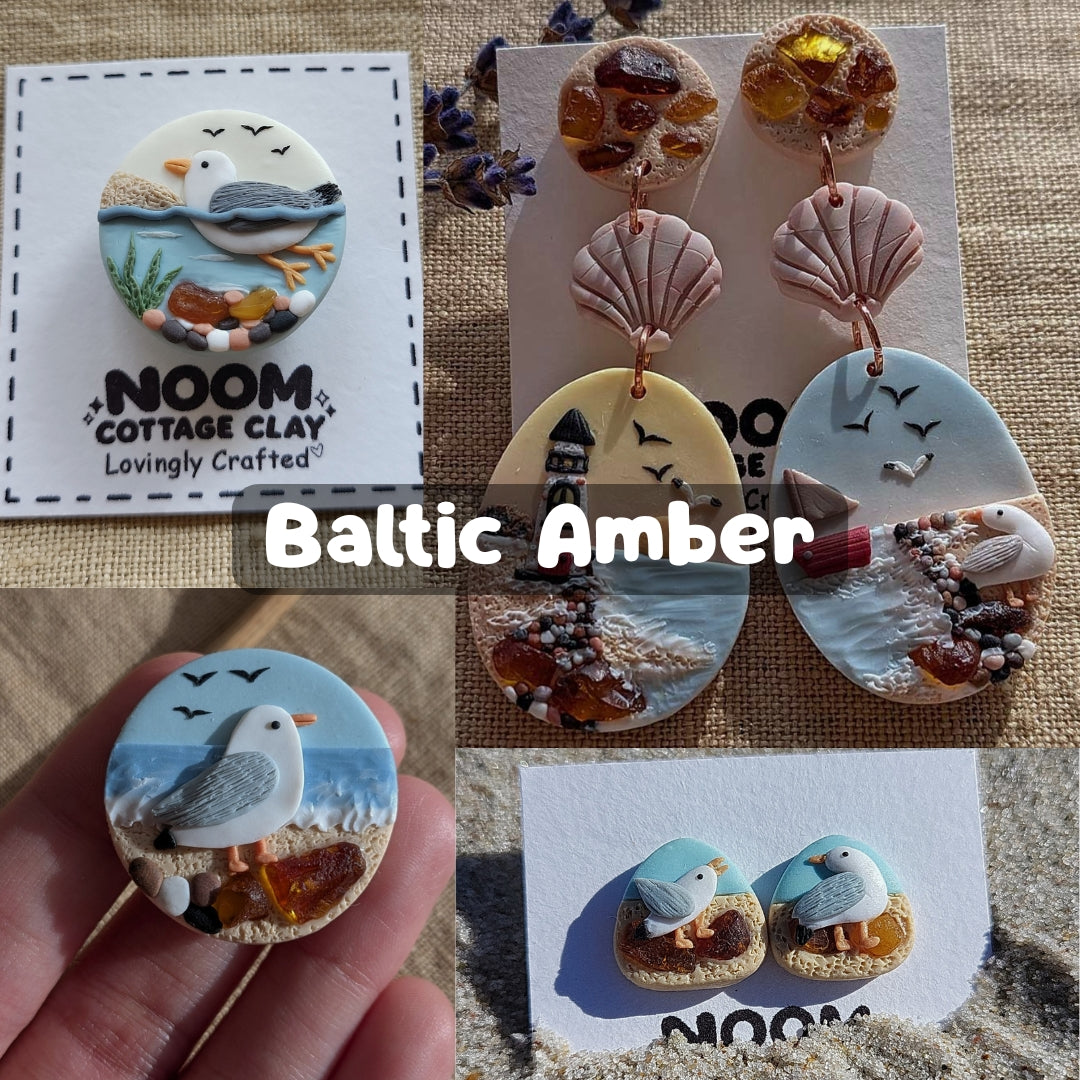 Handmade ocean beach earrings with amber stone - Rankų darbo auskarai ir sagės „Jūros gintaro gabalėliai“
