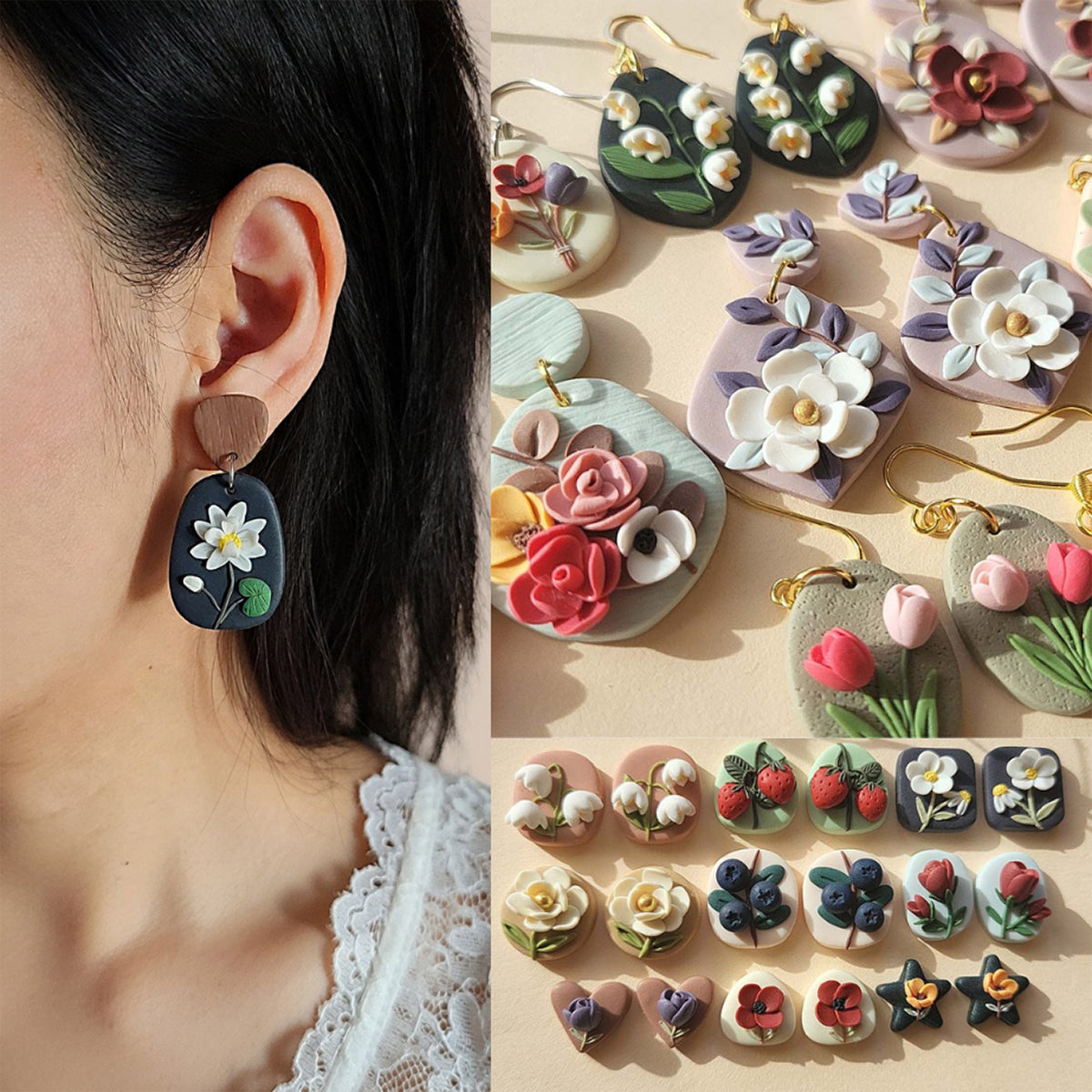 Handmade flower  and plant polymer clay earrings - Rankų darbo auskarai su gėlėmis