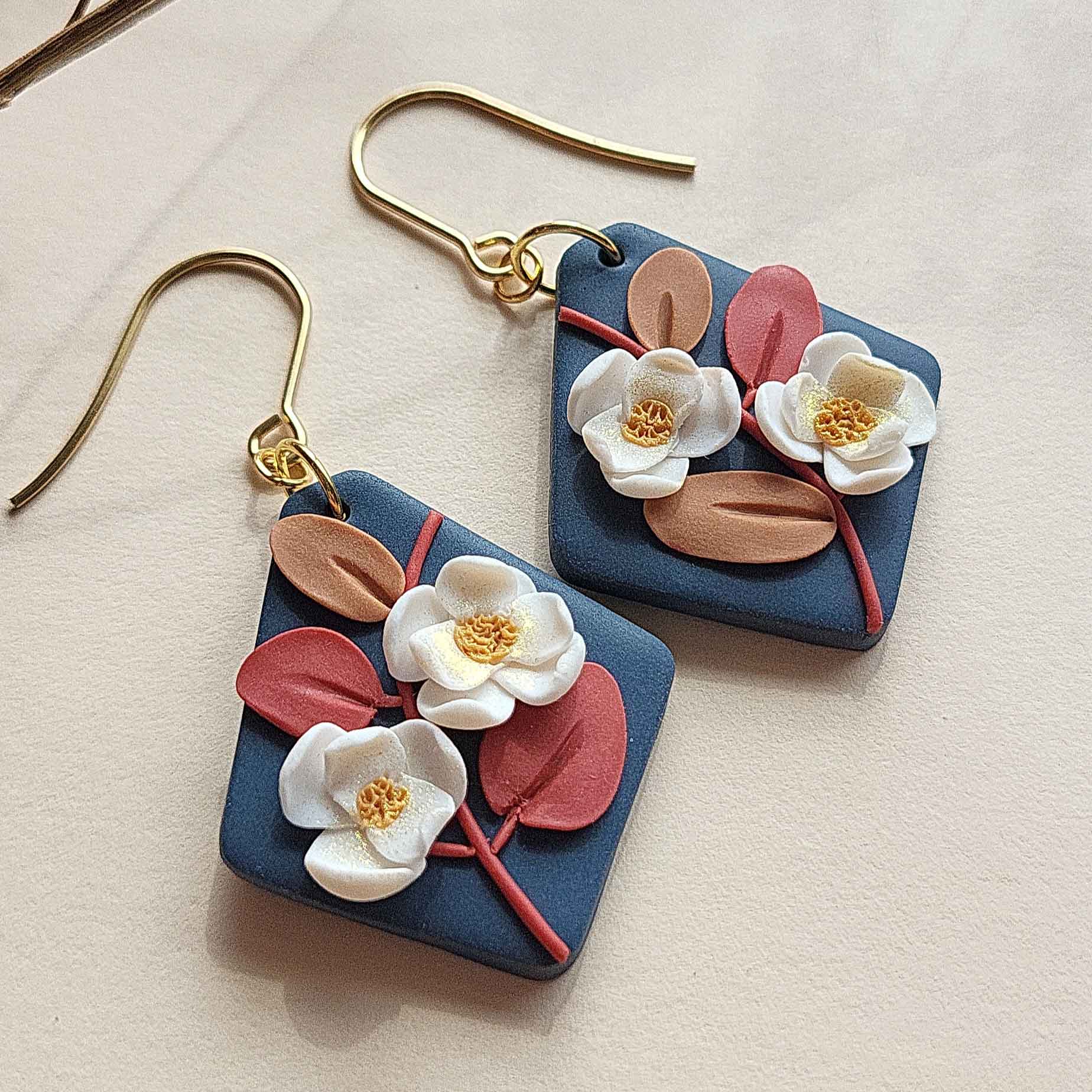 Dainty fall leaf and flower polymer clay earrings