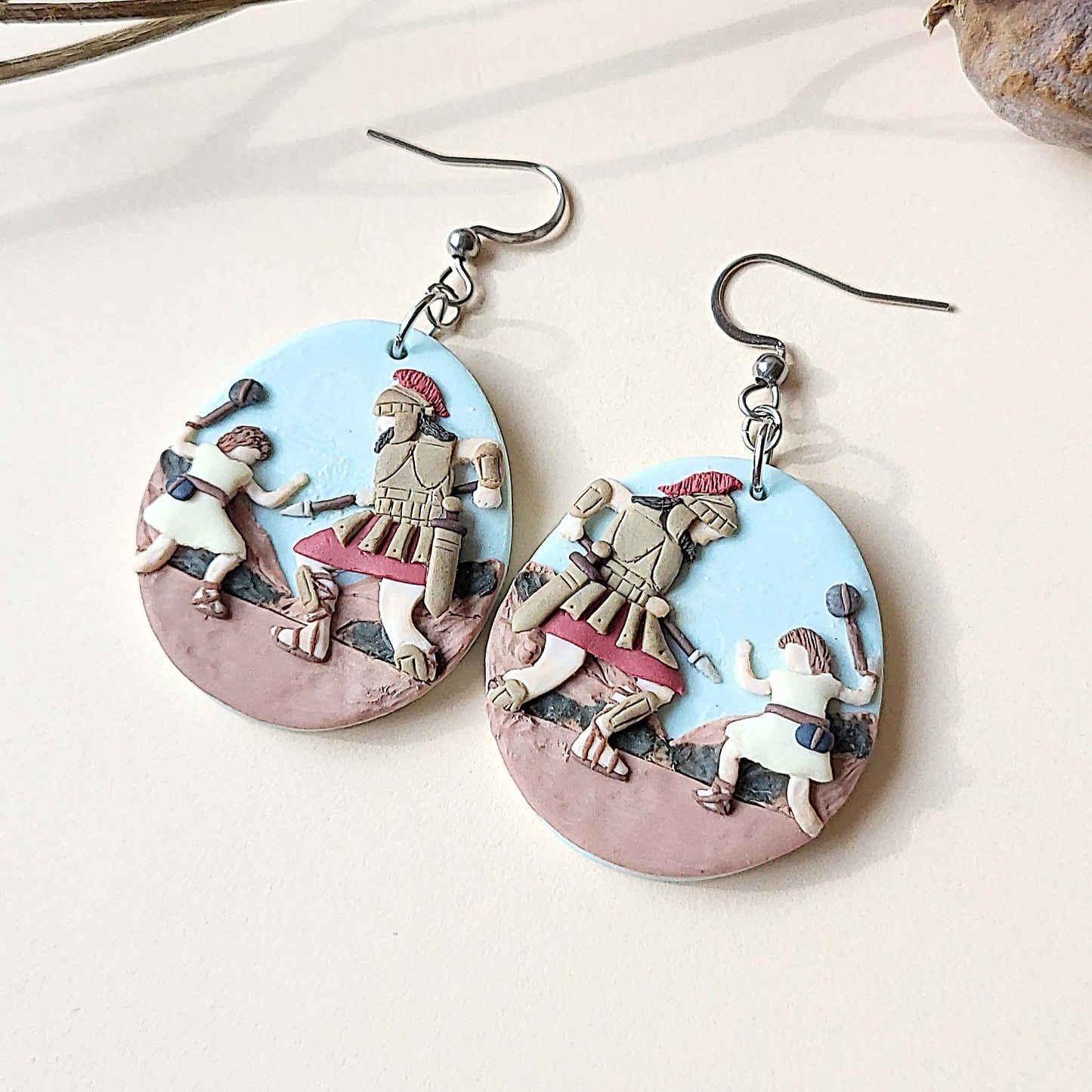 Bible earrings of David and Goliath handmade form polymer clay