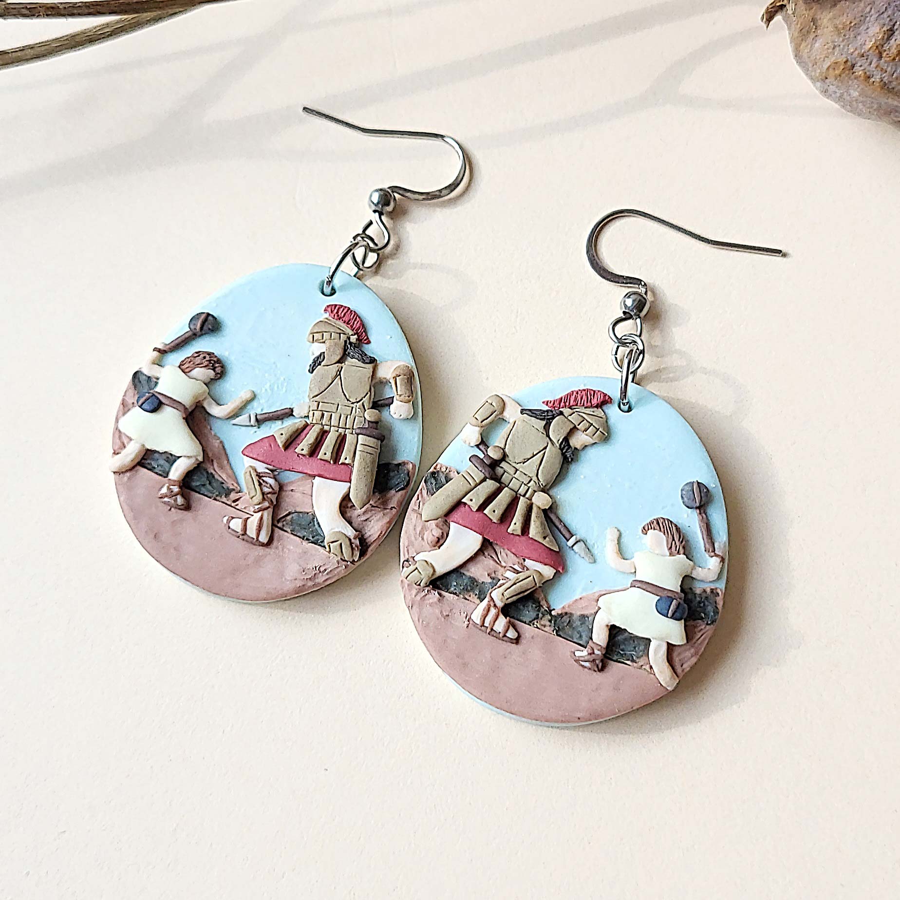 Bible earrings of David and Goliath handmade form polymer clay