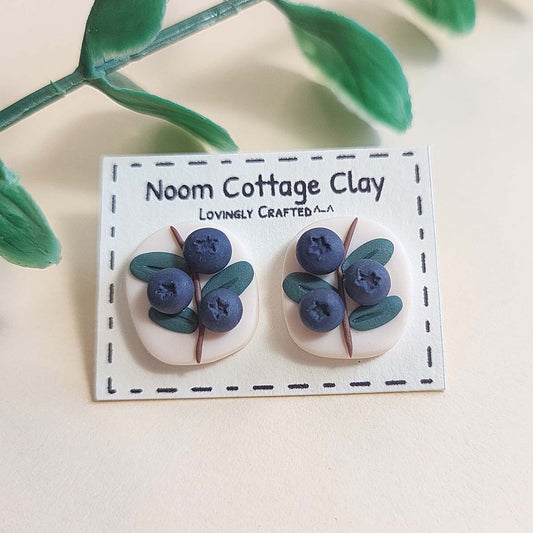 Cute blueberry stud earrings handmade from polymer clay - Rankų darbo auskarai su mėlynėmis