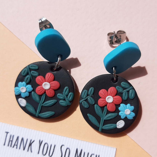 Cute boho wild floral earrings on black 