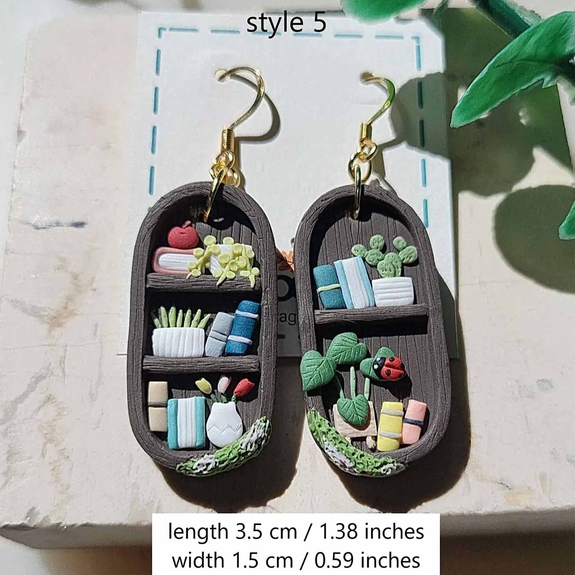 Cottagecore plant shelf earrings with books