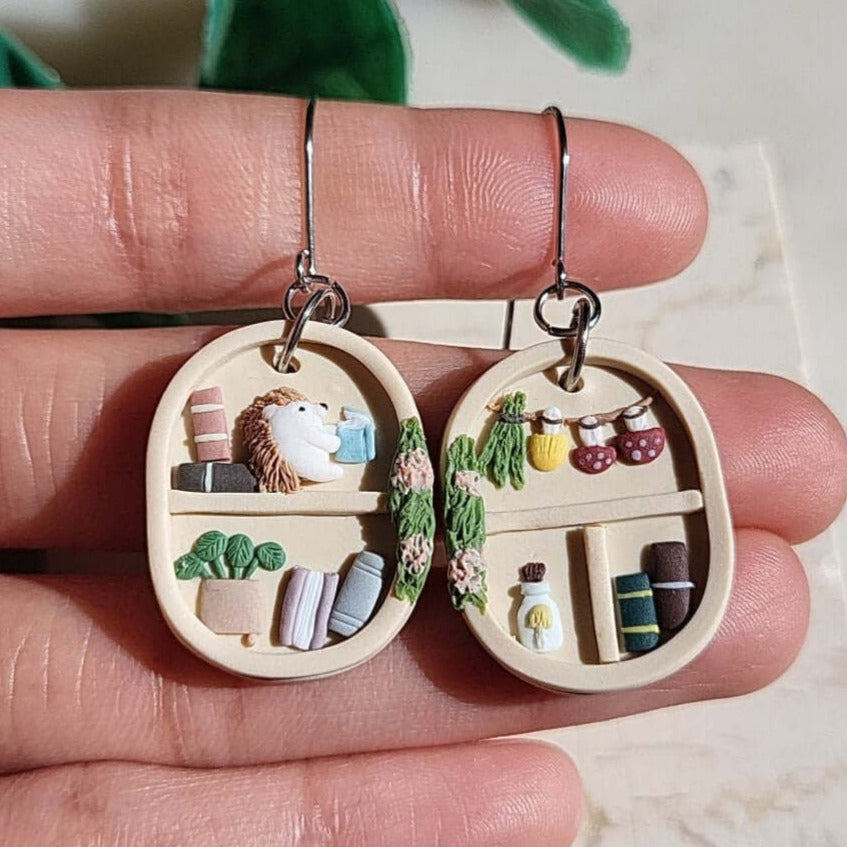 Handmade whimsical bookshelf earrings