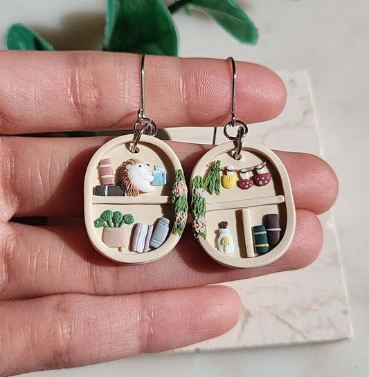Handmade whimsical bookshelf earrings