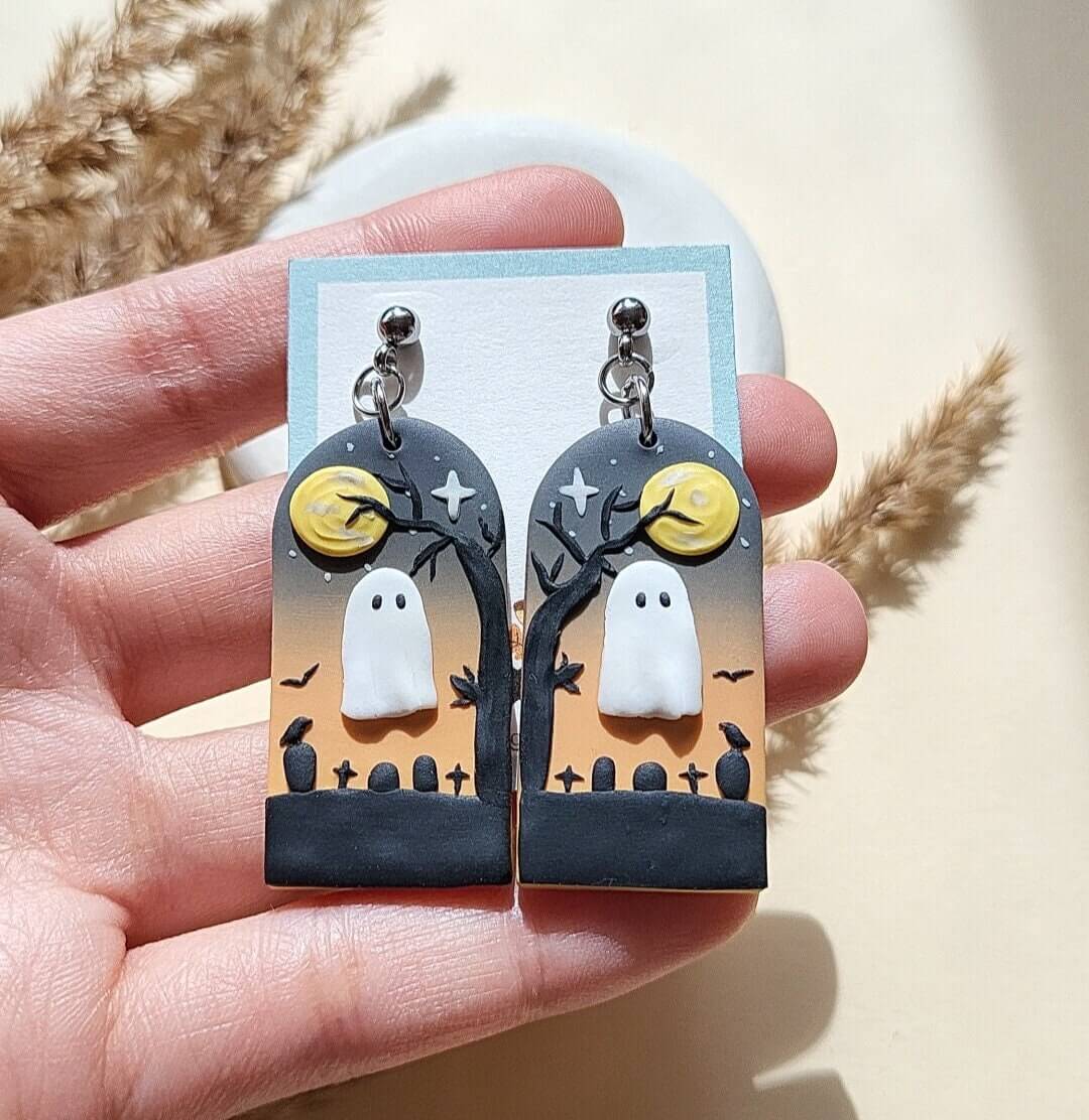 Halloween ghost in cemetery polymer clay earrings