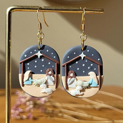 The nativity scene earrings are handmade from polymer clay with surgical stainless steel ear hooks. They are a cute unique Christmas gift for Christian women.