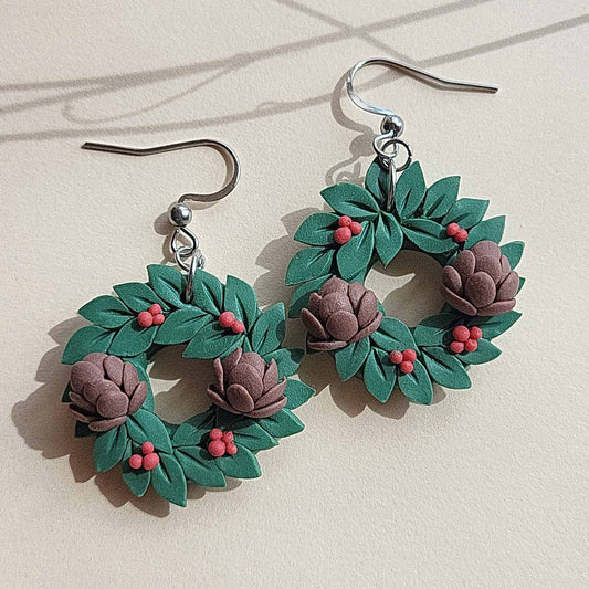 Dangle drop Christmas wreath pinecone polymer clay earrings