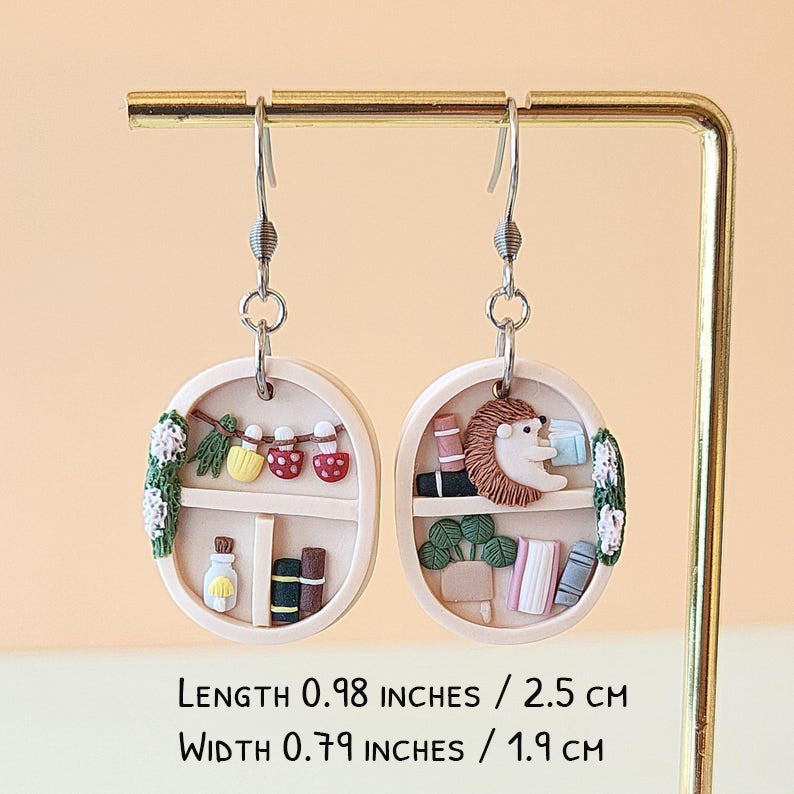 Handmade cute bookshelf  and plant polymer clay earrings with hedgehog