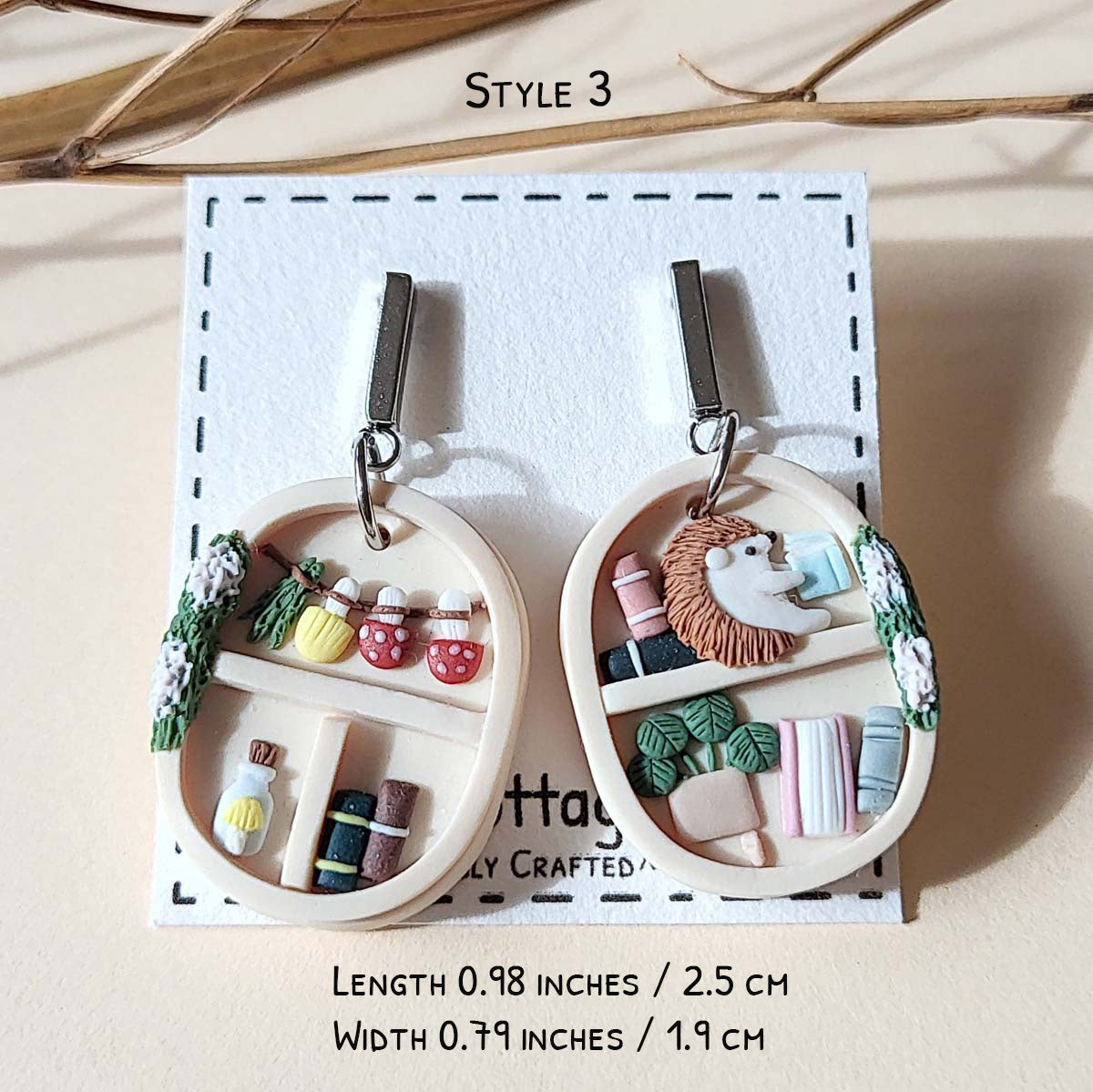 Cottagecore cute bookshelf earrings with hedgehog and plants