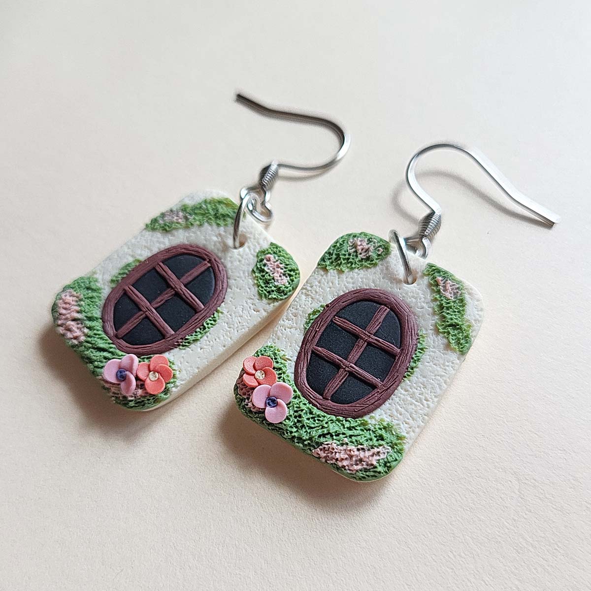 Cute fairytale cottagecore window with flower polymer clay earrings handmade 
