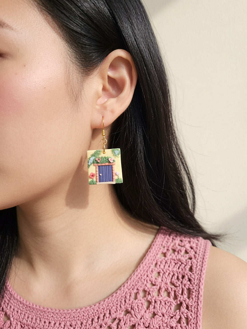 Cute cottagecore door house earrings polymer clay handmade
