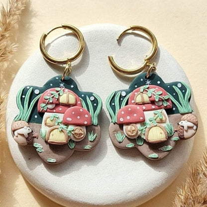 cottagecore mushroom earrings - Rankų darbo auskarai „Grybukai su ežiuku“ iš polimerinio molio.