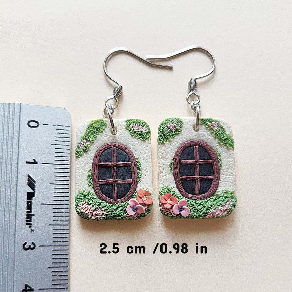 Whimsy window house with flower polymer clay earrings handmade 