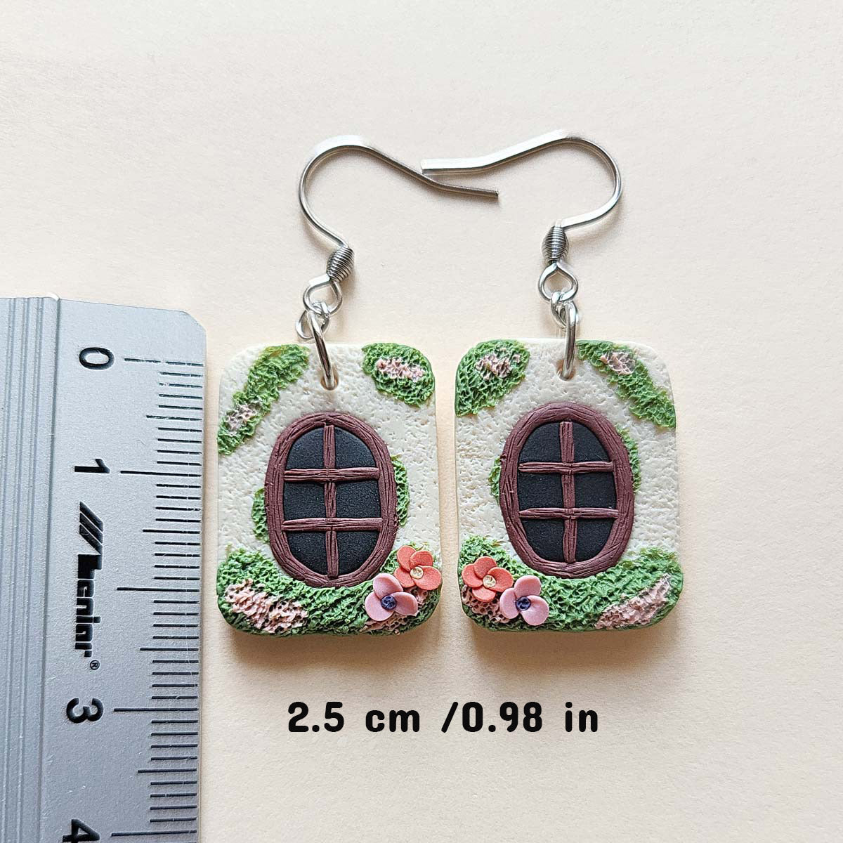 Whimsy window house with flower polymer clay earrings handmade 