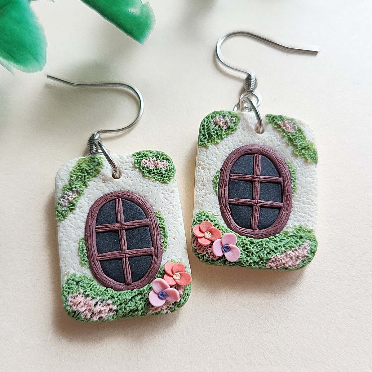 Cute fairytale cottagecore window with flower polymer clay earrings handmade 