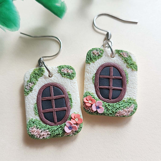 Cute fairytale cottagecore window with flower polymer clay earrings handmade 