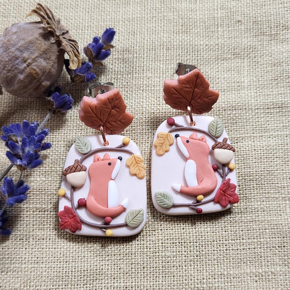 Cute fox and leaf polymer clay earrings handmade - Rankų darbo auskarai su lape ir lapais.