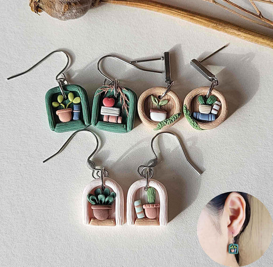 Handmade bookshelf polymer clay earrings