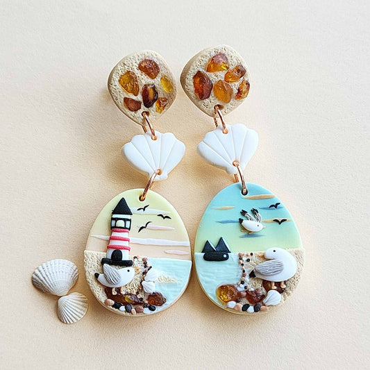 Handmade dangle and drop ocean earrings with natural amber stone - Rankų darbo auskarai su vandenyno ir gintaro detalėmis