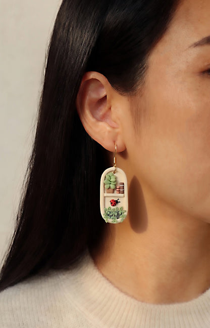 Handmade dangling cute plant shelf polymer clay earrings handmade