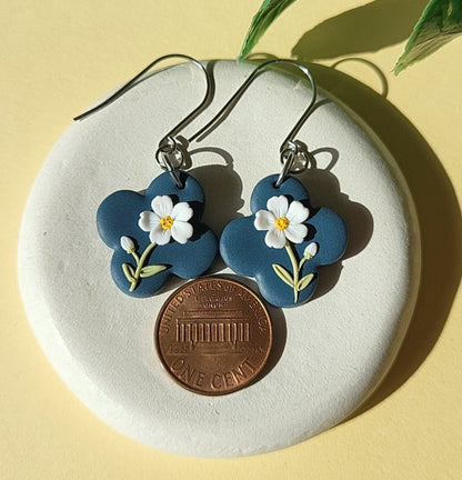 Small white floral polymer clay earrings